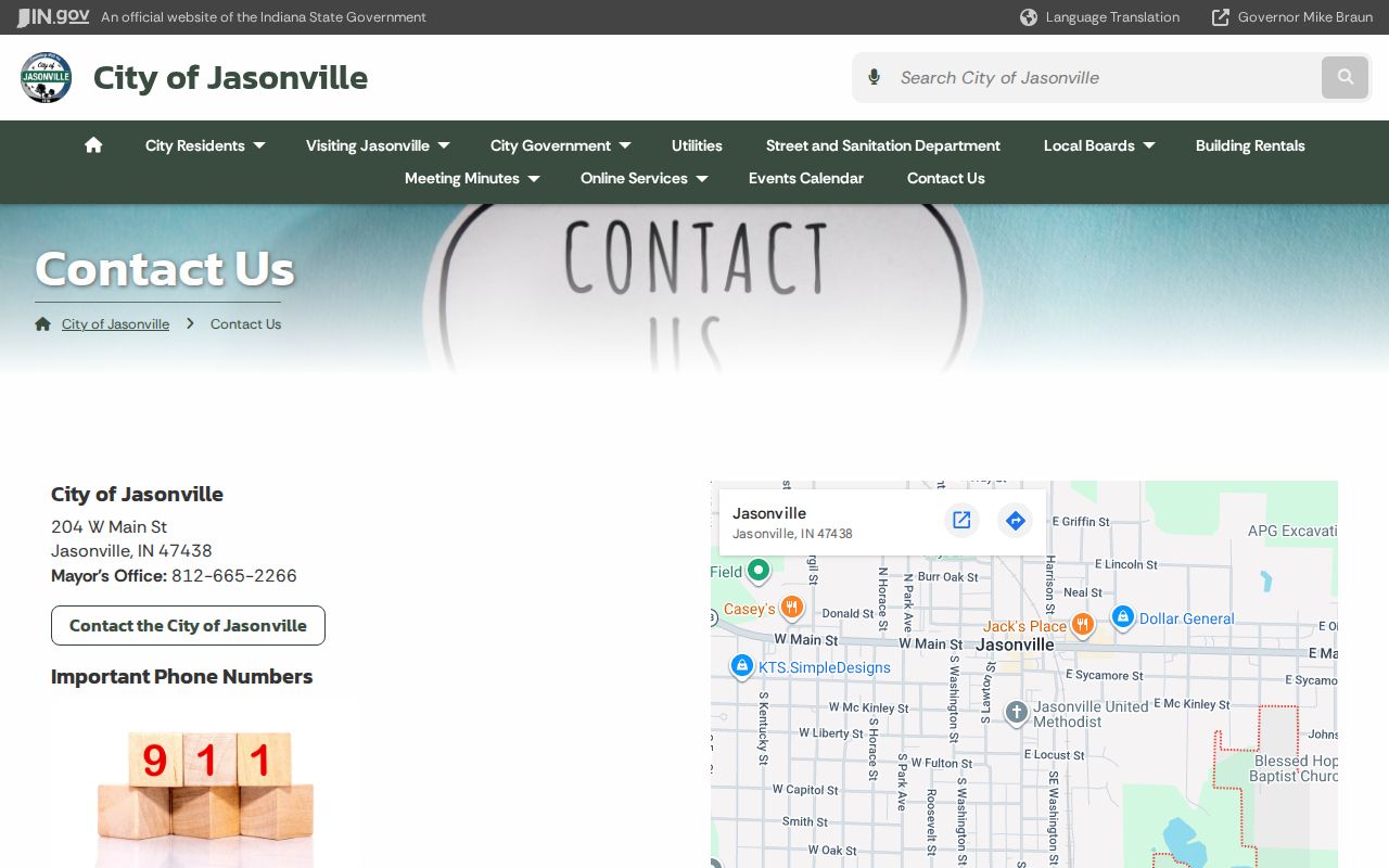 Jasonville warrant contact page routing county matters to Greene County